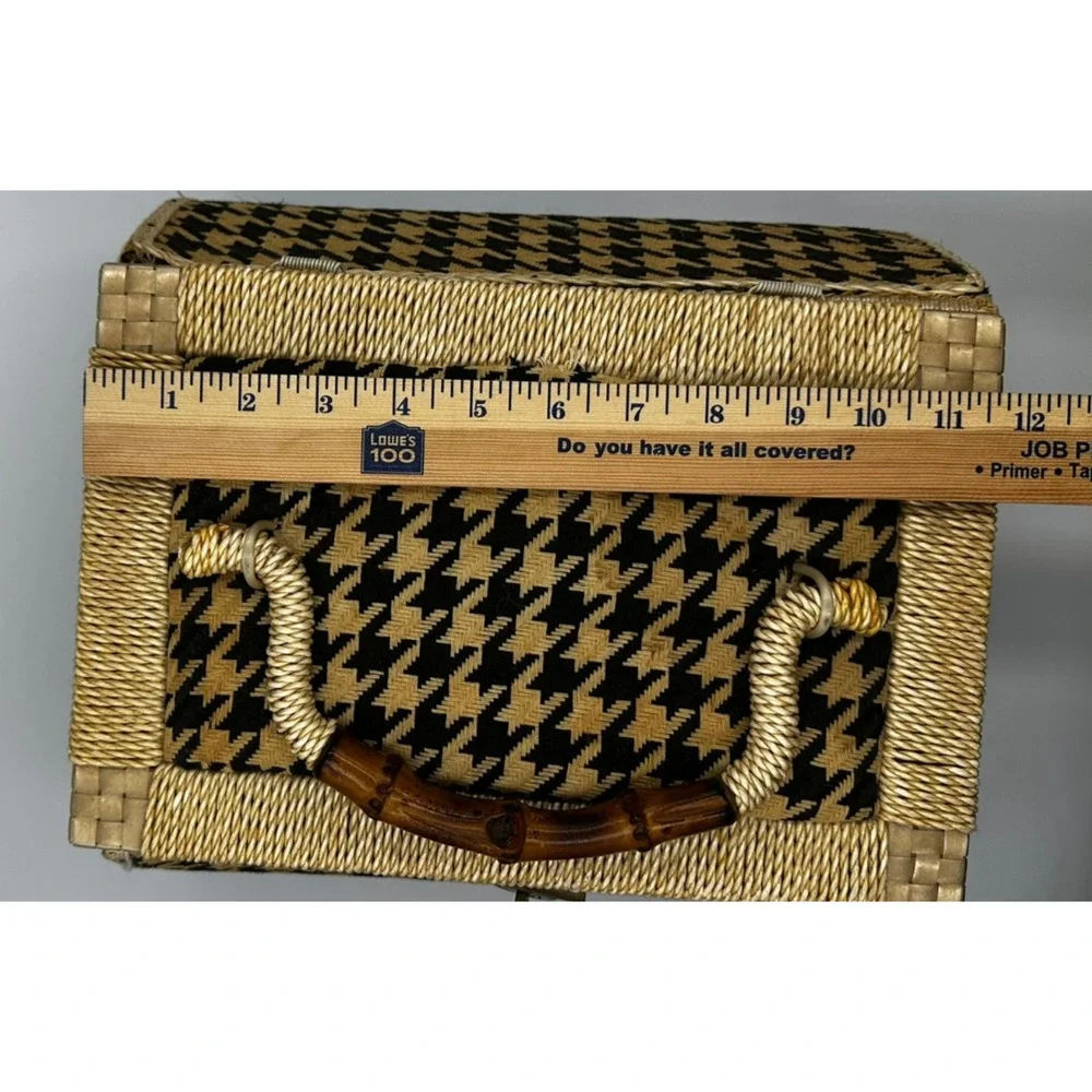 Vintage Singer Sewing Basket Houndstooth Bamboo Handle Box